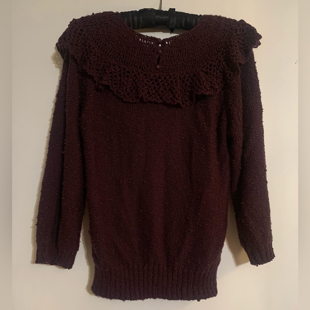 Vintage Maroon/Eggplant Knit Sweater by LeRoy Knitwear with Ruffle Accent